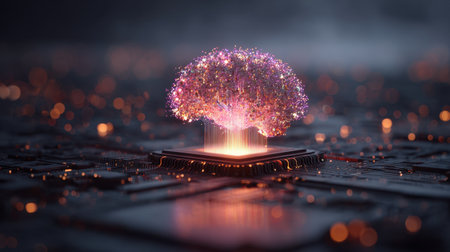 This captivating image showcases a vibrant, abstract representation of a brain symbolizing artificial intelligence. It combines technology and creativity, making it perfect for concepts involving digital innovation and neural networks.の素材