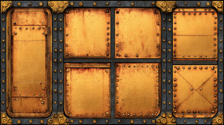 Detailed image of rusty industrial metal panels featuring a golden finish and rivets, ideal for steampunk themes, background designs, or vintage decor projects.の素材