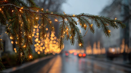 A close-up view of an evergreen branch adorned with twinkling lights, set against a blurred city street scene in gentle rain. The atmosphere captures the essence of winter festivities, creating a cozy and enchanting mood perfect for holiday celebrations.の素材