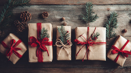 Beautifully wrapped gifts adorned with natural elements like pine and twine, set on a rustic wooden surface, perfect for holiday festivities and decor inspiration.の素材