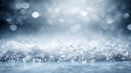 This captivating image showcases glimmering ice crystals on a surface, enhanced by soft bokeh lights that create a serene winter atmosphere, evoking a magical feel.の素材