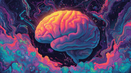 A mesmerizing abstract illustration showcasing a colorful human brain surrounded by cosmic elements, vibrant galaxy patterns, and imaginative designs.の素材