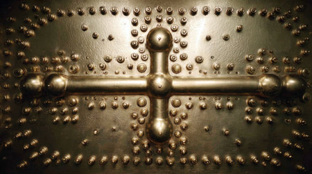 A captivating vintage metal shield featuring an intricate design with a central cross, showcasing detailed decorative elements and unique craftsmanship.の素材