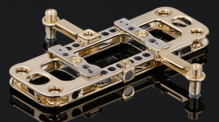 A striking golden mechanical component displayed on a black background, illustrating the beauty of precision engineering and modern design in hardware.の素材