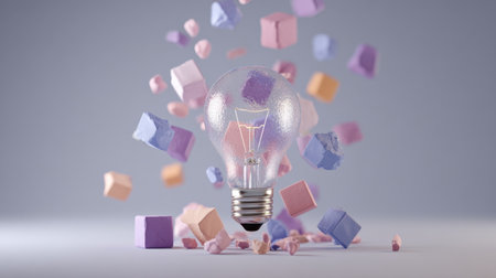 A stunning visual of a lightbulb surrounded by colorful cubes in pastel shades. This image captures concepts of creativity and innovation in a playful, artistic manner.の素材
