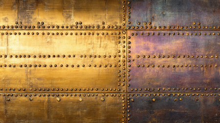 This image captures a stunning metallic surface featuring a rich gold and purple patina. The riveted design offers an industrial aesthetic, perfect for creative projects.の素材
