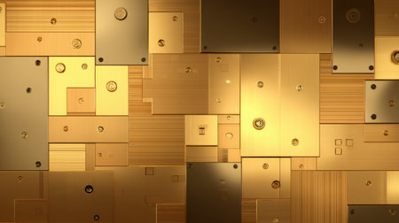 This abstract background showcases a variety of golden panels with different textures and shapes, creating a captivating visual effect ideal for design projects.の素材