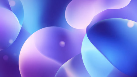 This captivating abstract background features soft pastel bubbles and fluid shapes in shades of blue and purple, perfect for creative projects.の素材
