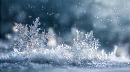 A close-up view of exquisite snowflakes resting on a soft snow surface, capturing the tranquility of winter, with a glimmering background that enhances the enchanting atmosphere.の素材