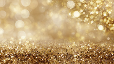 A mesmerizing golden bokeh background featuring sparkling glitter and soft light effects ideal for festive occasions, celebrations, or elegant designs.の素材