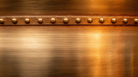 This image features a beautifully polished metallic surface with brass texture, adorned with decorative studs. The warm lighting creates a striking effect.の素材