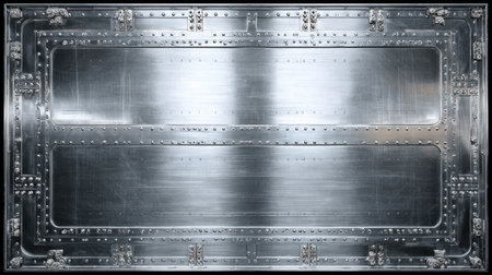 This image features an industrial metal surface with a brushed finish and rivets, presenting a sleek and modern aesthetic for various projects.の素材