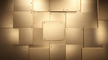 A striking abstract background featuring textured gold panels with a sleek metallic finish, illuminated by soft light to create an elegant atmosphere.の素材