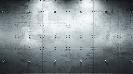 This industrial metal wall features a textured surface with rivets, ideal for use in contemporary design projects or as a stylish backdrop.の素材
