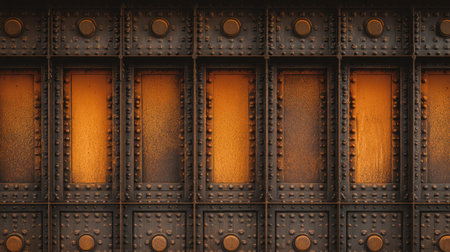 A close-up view of a textured rusty metal wall featuring rectangular panels illuminated by a warm orange glow, creating a visually appealing industrial aesthetic.の素材