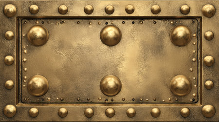 This ornate golden metal plate features rivets and a textured surface, ideal for use in creative design projects, artistic backgrounds, or decor.の素材