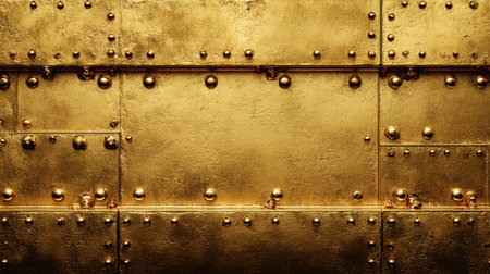 This image features a stunning golden metallic surface with prominent rivets, perfect for creating a luxurious background or stylish design element.の素材