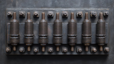 A detailed view of industrial machinery components showcasing metal springs and threaded bolts arranged symmetrically on a dark panel. Perfect for engineering themes.の素材