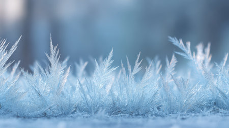 A stunning close-up view of frost patterns on the ground illuminated by soft morning light. The delicate ice crystals create a captivating winter scene, evoking tranquility.の素材