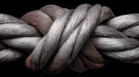 This captivating close-up image features intertwined metallic ropes in silver and black, showcasing their textured surfaces against a dark background. The intricate details highlight the strength and design elements, making it perfect for various creative projects.の素材