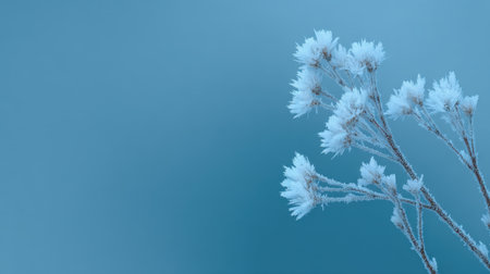 This image captures frosted branches adorned with intricate white blossoms set against a soft blue background, evoking a serene winter beauty.の素材