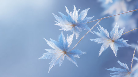 This enchanting image showcases delicate frosted leaves on a branch, set against a soft blue background, evoking a serene winter atmosphere.の素材