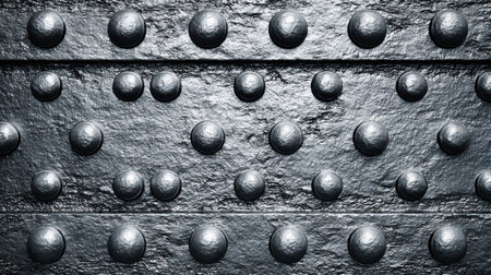 This image showcases a close-up view of a textured metal surface adorned with round rivets, perfect for industrial design, architecture, or artistic projects.の素材