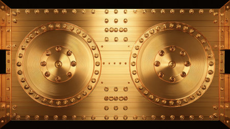 This stunning image features a shiny golden audio speaker design with intricate textures and decorative studs, perfect for enhancing a music-themed environment.の素材