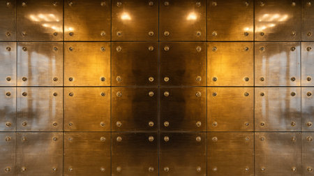 This image showcases a textured golden wall composed of metallic panels, featuring reflections and warm lighting, ideal for modern architectural themes.の素材