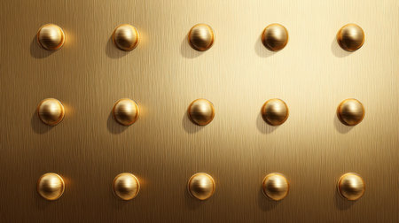 A stunning image featuring a golden wall adorned with circular knobs, perfect for showcasing luxury interior design and modern aesthetics in various settings.の素材