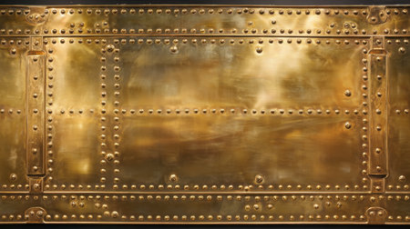 This image showcases a polished metallic surface featuring rivets that create an industrial yet elegant aesthetic, perfect for background design.の素材