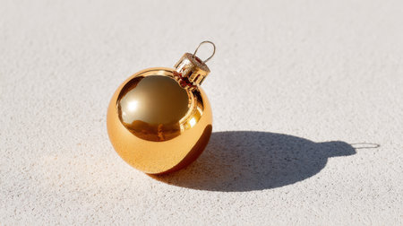 A stunning shiny gold Christmas ornament rests on a light surface, casting a delicate shadow. Perfect for capturing the essence of holiday cheer and elegance.の素材