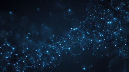 A striking abstract background featuring glowing blue hexagons and points, ideal for themes related to science, technology, and modern design aesthetics.の素材