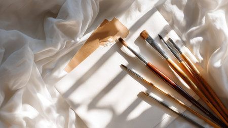 A serene still life composition featuring various paintbrushes resting beside a blank canvas on soft fabric. Warm light casts gentle shadows, embodying creativity and artistic inspiration.の素材