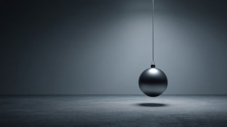 A visually striking metallic sphere hangs gracefully in a dark, minimalistic space, surrounded by soft lighting that enhances its smooth texture and creates a captivating shadow.の素材