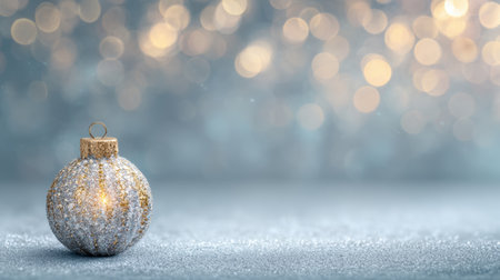 A shimmering silver Christmas ornament rests on a softly lit surface, with bokeh lights creating a dreamy festive atmosphere for holiday celebrations.の素材