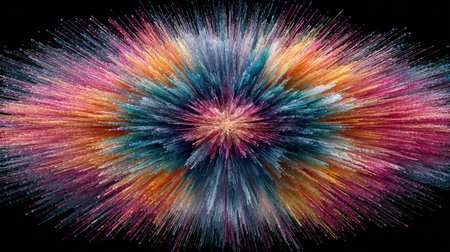 A stunning abstract image featuring a vibrant explosion of colors and particles, perfect for creative projects, backgrounds, and artistic expression.の素材