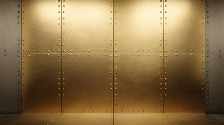 This stunning metallic wall features a rich golden finish with rivets, ideal for modern designs, artistic backgrounds, and stylish interiors.の素材