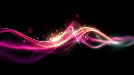 This stunning abstract image features colorful wave patterns with glowing effects. It creates a sense of movement and energy against a dark background, ideal for various artistic and design applications.の素材
