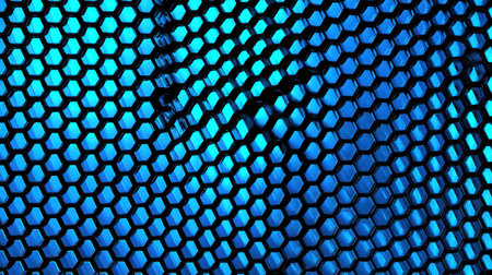 A striking hexagonal mesh pattern featuring varying shades of blue and a dynamic gradient effect. Perfect for use in modern design projects, backgrounds, and textures.の素材