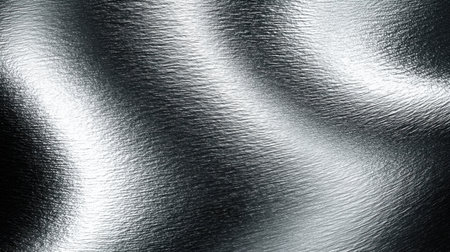 This image features a smooth silver satin fabric background, showcasing a shimmering texture and fluid wrinkles that enhance elegance for design projects.の素材