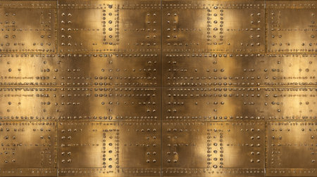 This image features a detailed metallic surface adorned with rivets, showcasing an industrial design aesthetic ideal for backgrounds in art or architecture.の素材