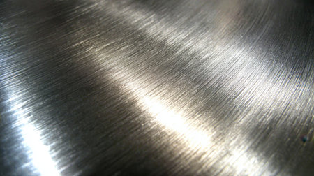 This close-up image features a brushed metal surface that exhibits a shiny finish and subtle texture, illuminated by soft natural light.の素材
