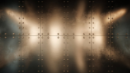 This image showcases a textured metallic wall with rivets and dynamic reflections. Ideal for modern design projects or industrial aesthetics, it offers a captivating backdrop.の素材