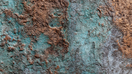 Close-up view of a weathered copper surface showcasing beautiful green patina and rusty accents, perfect for artistic and abstract design projects.の素材