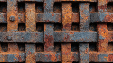 This close-up image showcases a rusty metal grate featuring an intricate woven pattern. The weathered texture and vibrant rust colors create a unique industrial aesthetic.の素材