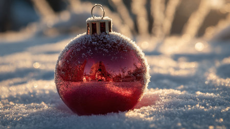 A stunning close-up of a shiny red Christmas ornament sitting in fresh snow, beautifully capturing reflections of its surroundings and radiating holiday charm.の素材