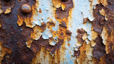 This image showcases a close-up view of a rusty metal surface, highlighting intricate textures and corrosion patterns. The blend of colors and flaking paint adds character and depth, perfect for backgrounds or art projects.の素材