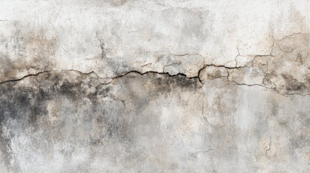 This image features a cracked concrete wall with a weathered appearance, showcasing intricate fissures and a grunge effect suitable for various design projects.の素材