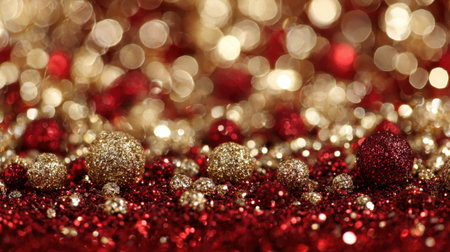 A beautiful array of glittering ornaments and decorations in red and gold creates a warm and joyful atmosphere. Stunning bokeh lights enhance the festive mood.の素材